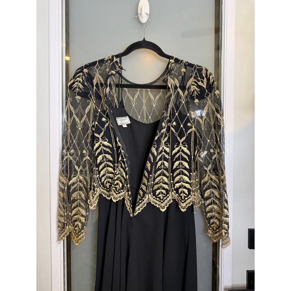 Vintage Cachet Petite by Bari Protas Black Gold Long Sleeve Dress 4P - Picture 7 of 9